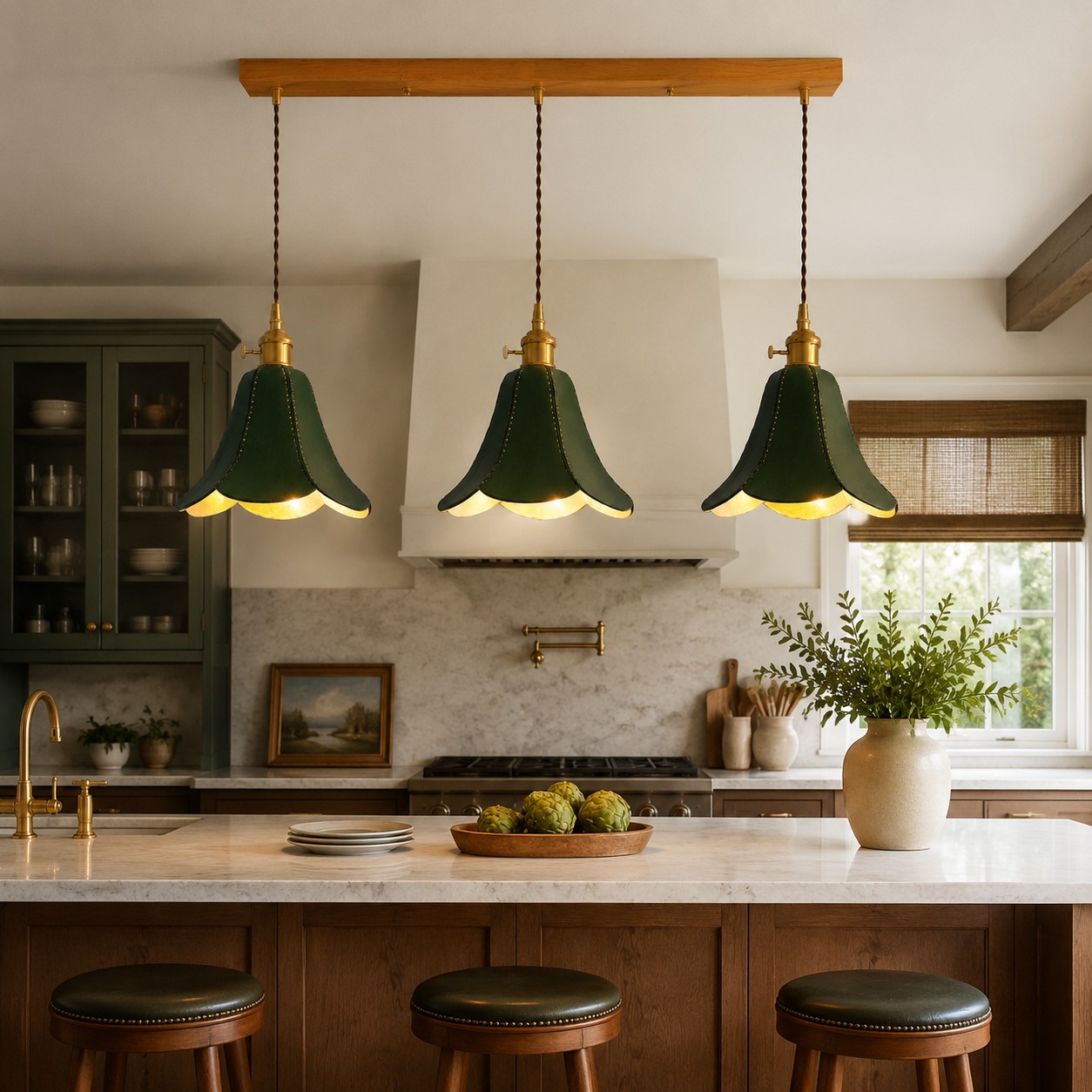 Lampadario triplo verde sopra un'isola della cucina