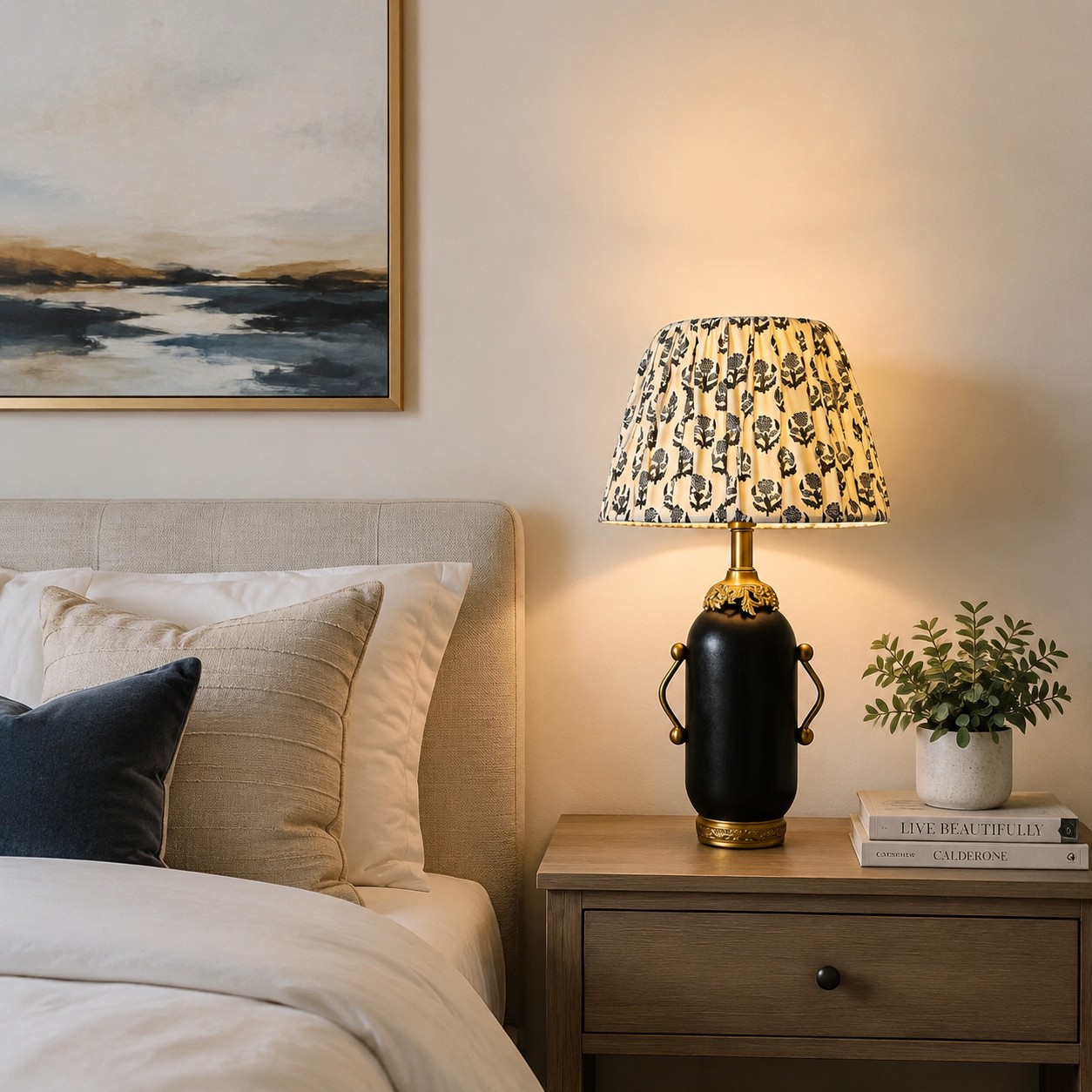 Lampada da tavolo floreale vintage, posizionata sul comodino.