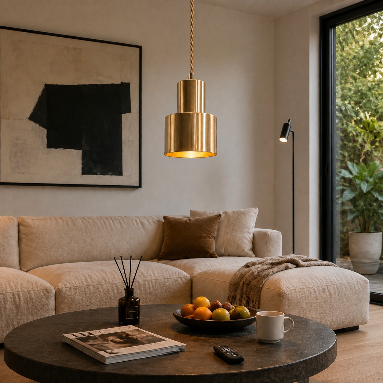 Luminária pendente vintage de latão em uma sala de estar contemporânea.