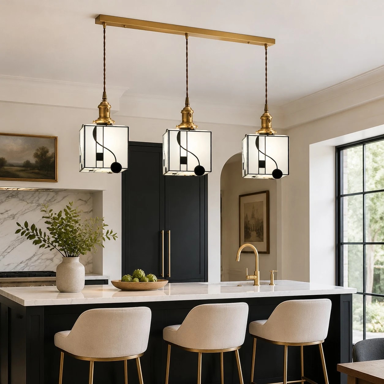 Isola cucina con lampade a sospensione a triplo cubo