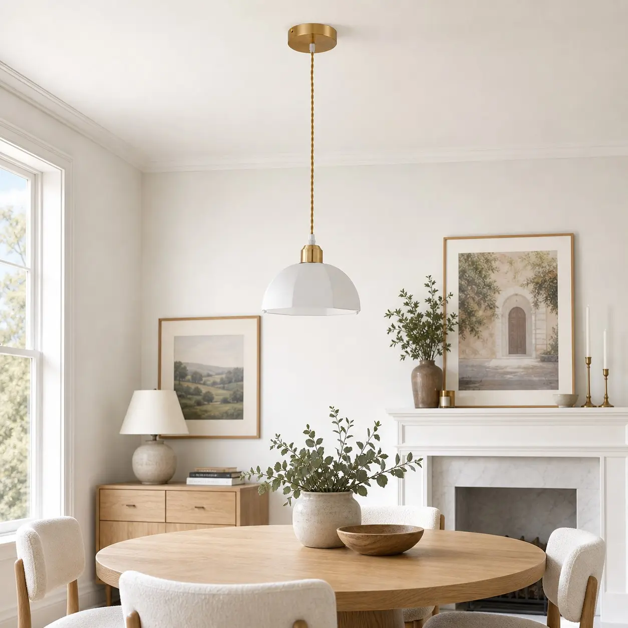 Suspension en verre opalin dans un intérieur raffiné