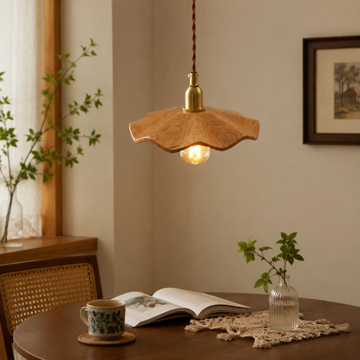 Cherry Wood wood lotus pendant light room scene