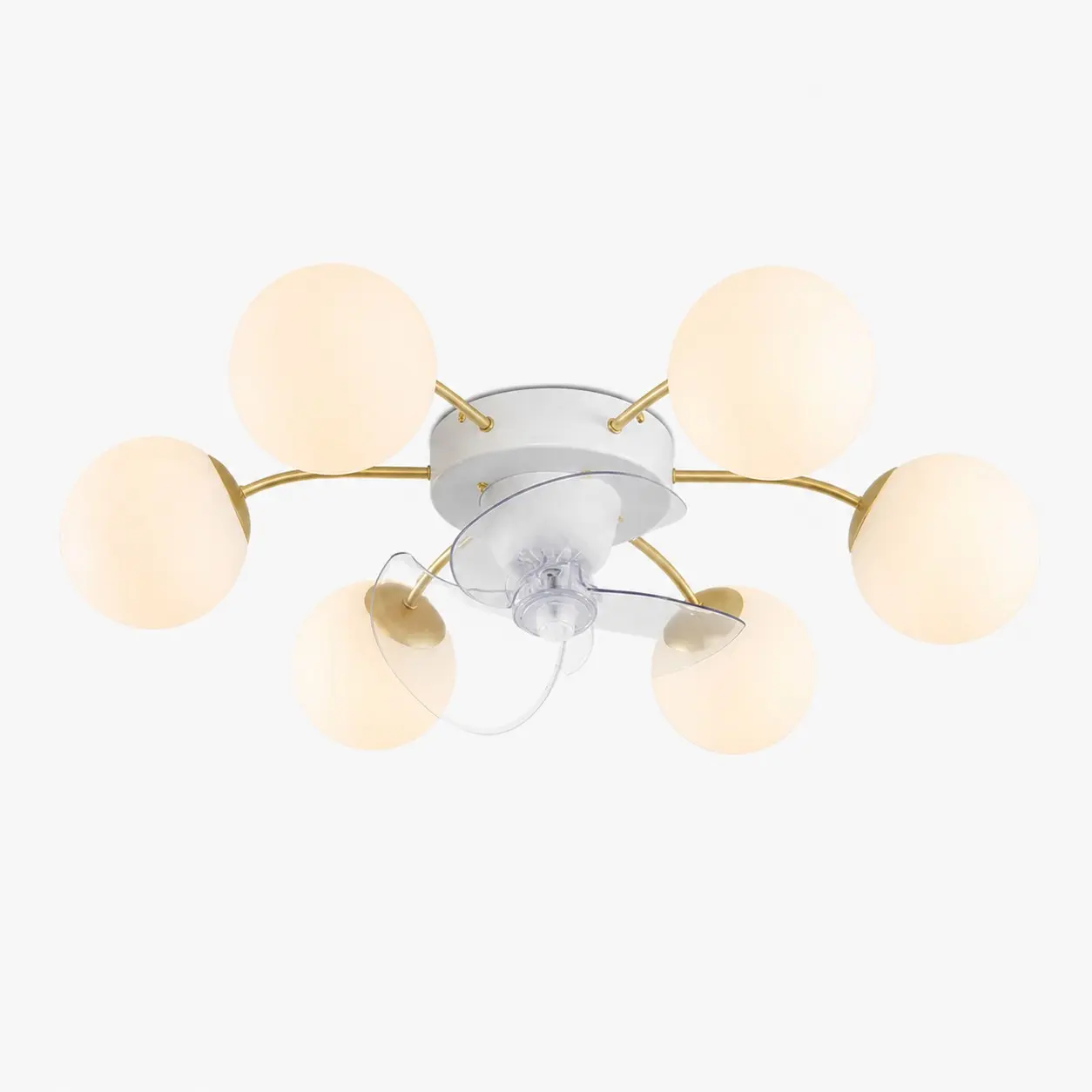 Ventilateur de plafond lumineux en fer blanc et doré et verre à 6 têtes