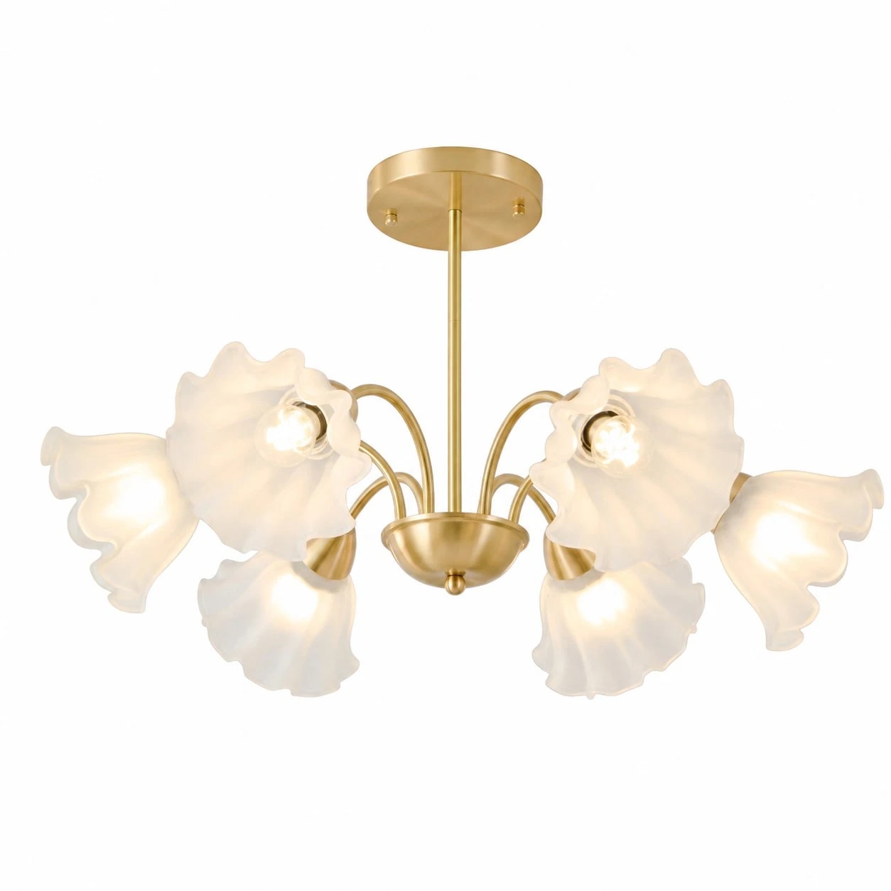 Lustre floral en laiton massif à six bras et verre, orné de motifs floraux.