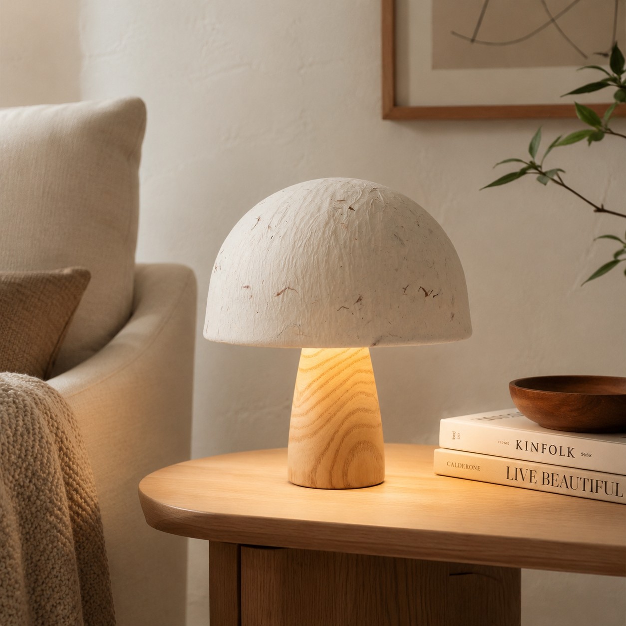 Lampada da tavolo a forma di fungo accanto a un divano e a una pila di libri.