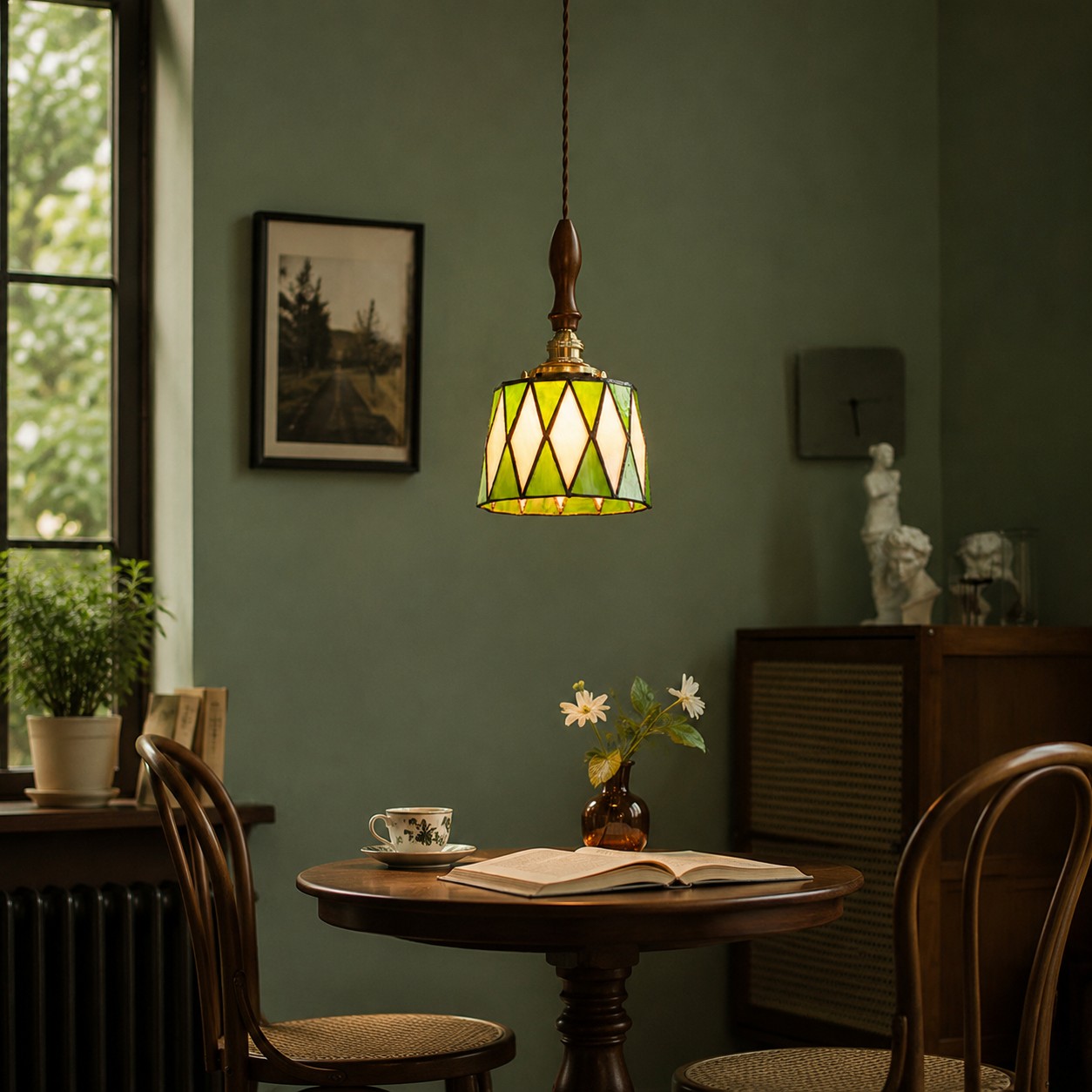 Luminária pendente vintage de vitral verde em um interior