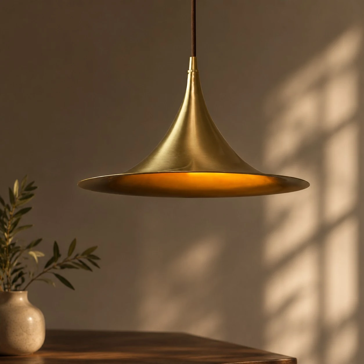 Luminária pendente de latão posicionada acima de uma mesa de jantar.
