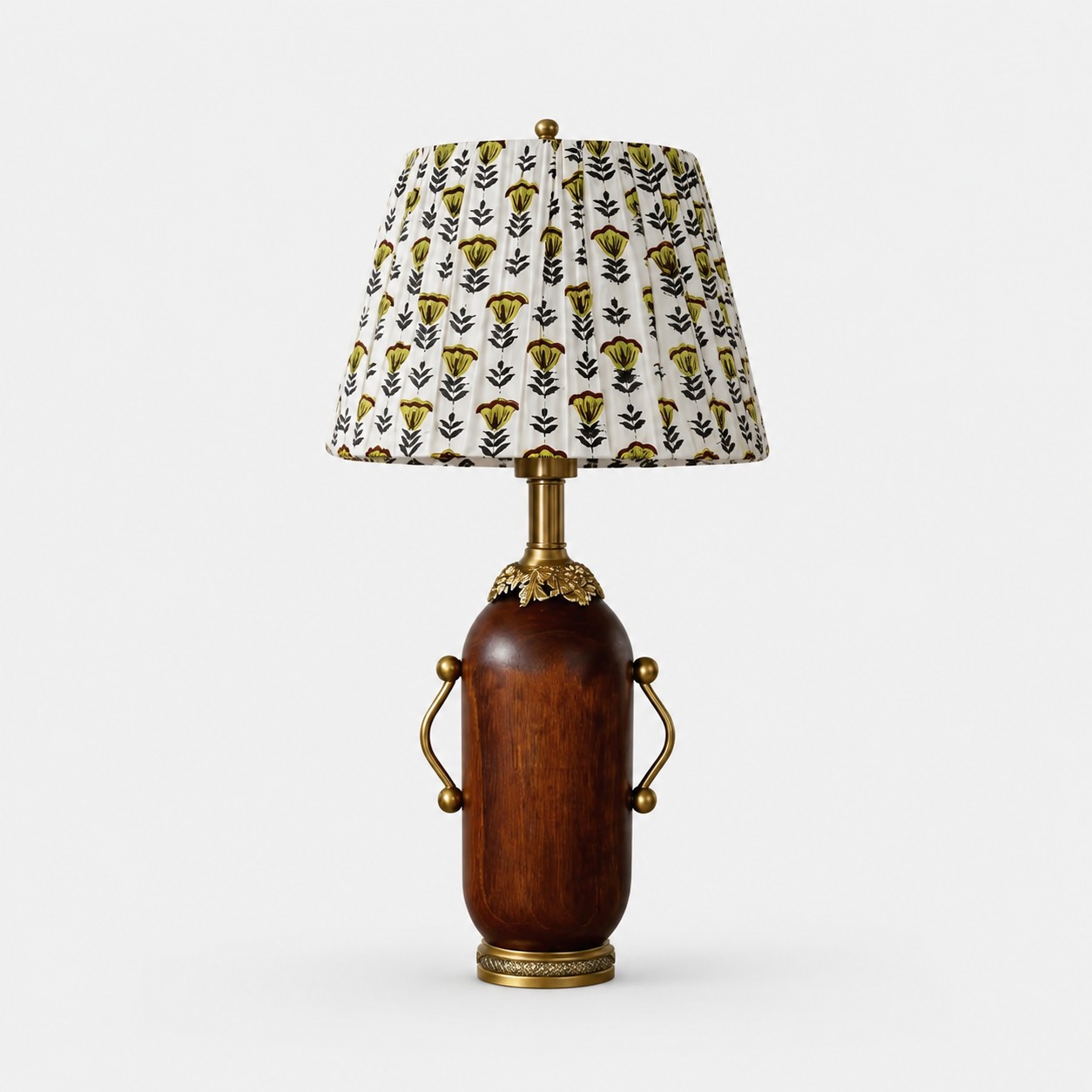 Lampada da tavolo marrone scuro con paralume plissettato a fiori gialli