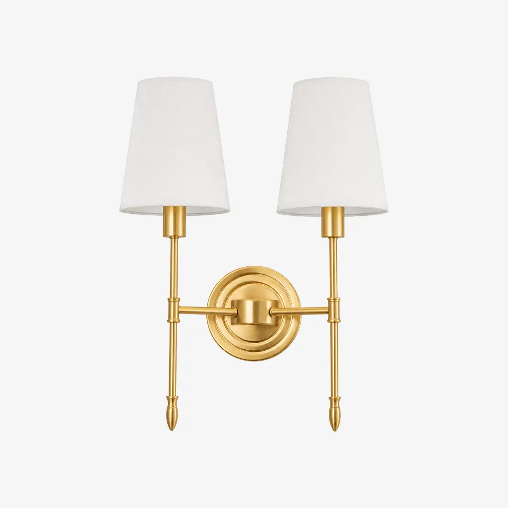 Luminária de parede de dois braços, estilo B, com cúpulas de tecido.