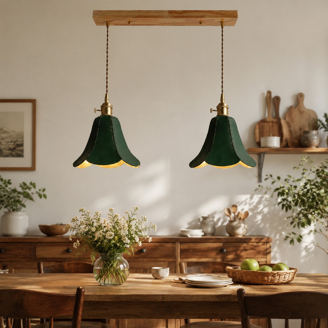 Lampadario doppio verde sopra un tavolo da pranzo