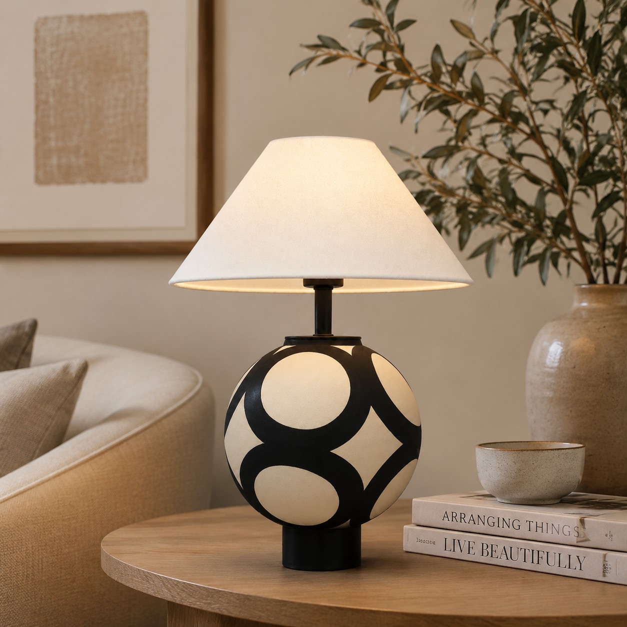 Ceramic globe table lamp in a lounge corner