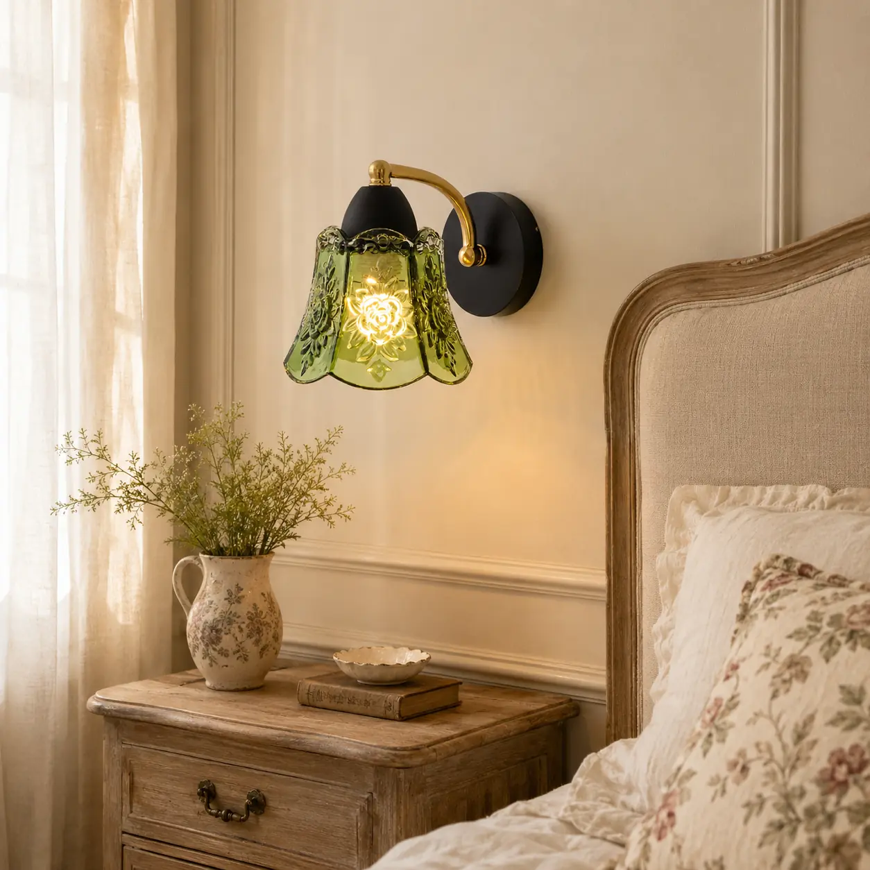 Luminária de parede vintage em vidro verde em um quarto de estilo campestre francês.