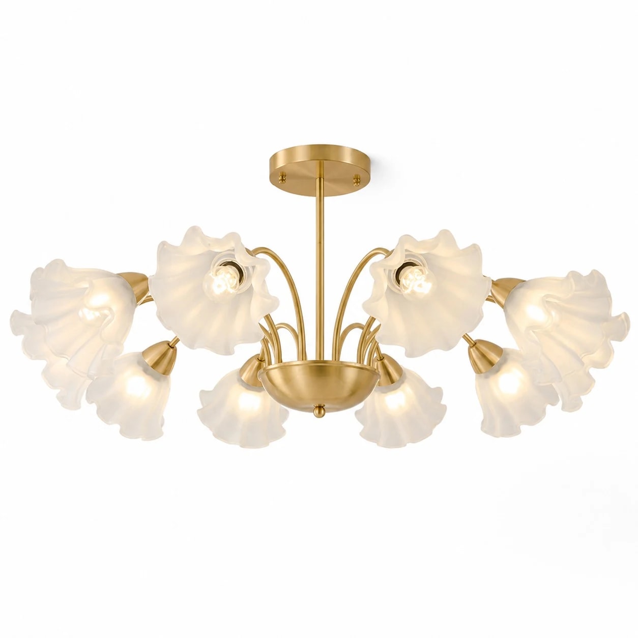 Lustre floral en verre à 10 bras en laiton massif