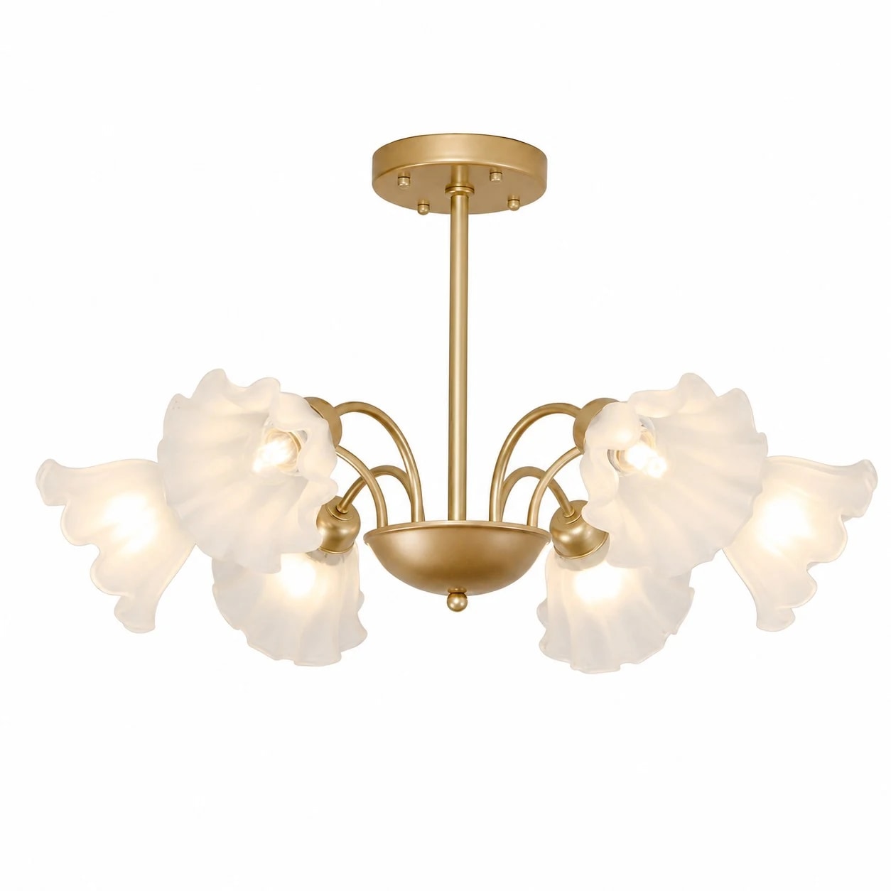 Lustre en fer à six bras en verre et à motifs floraux