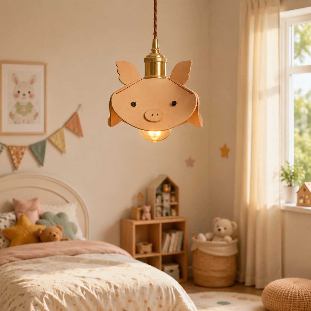 Lampadario a sospensione con motivo a maialino in pelle in una camera da letto