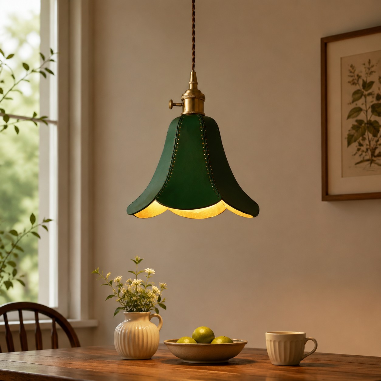 Lampadario singolo verde in sala da pranzo
