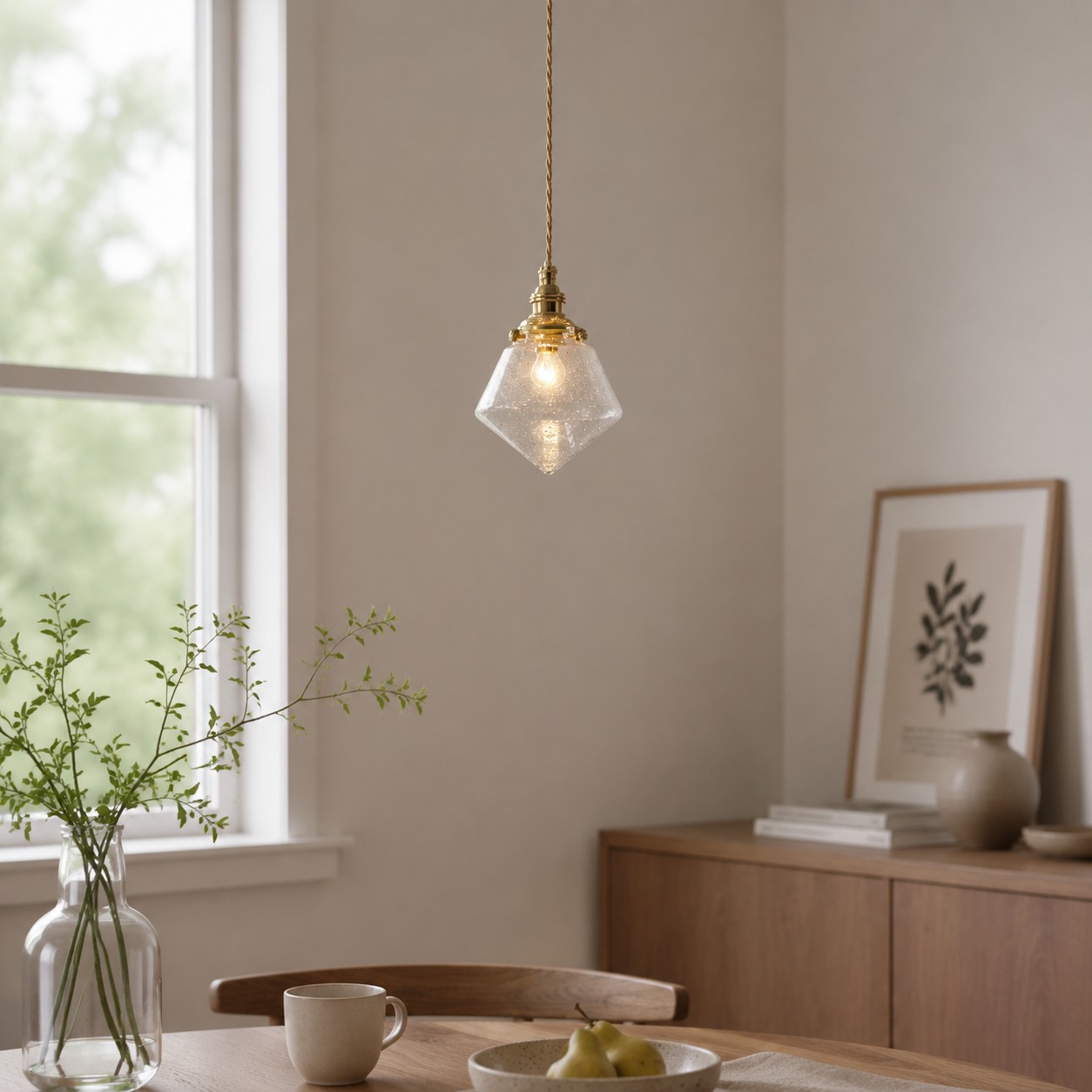 Lampadario a sospensione in vetro a bolle in un luminoso angolo colazione