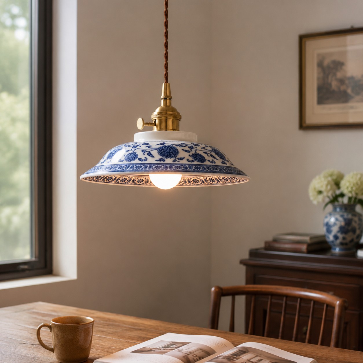 Luminária pendente de cerâmica posicionada acima de uma mesa de jantar de madeira.