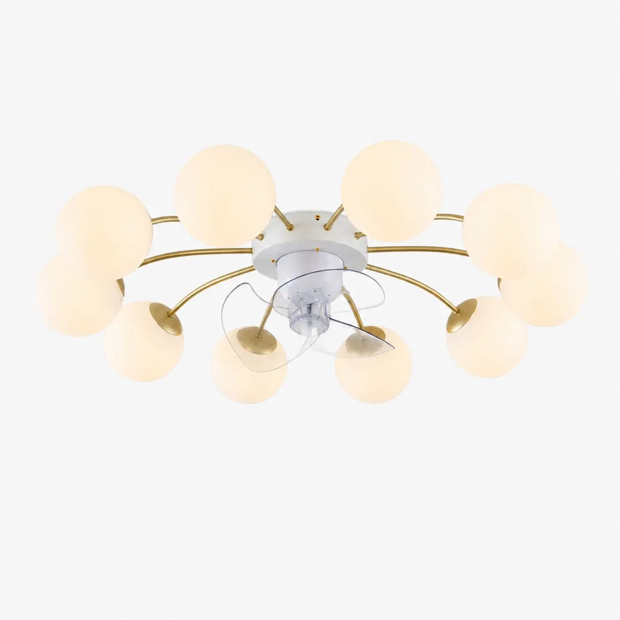 Ventilateur de plafond lumineux en fer blanc et doré et verre à 10 têtes