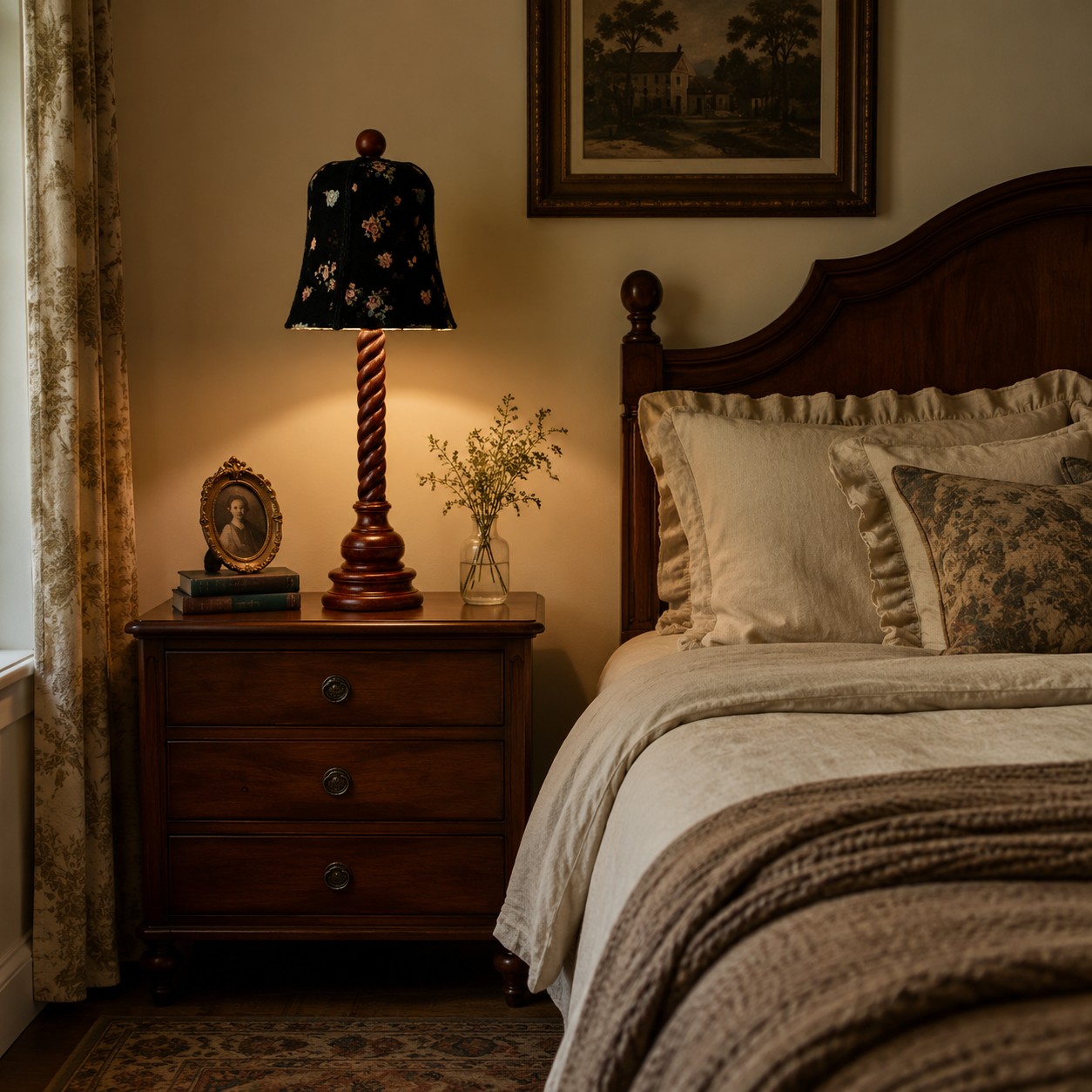 Tafellamp met bloemenmotief van hout, gestyled op een nachtkastje in de slaapkamer.