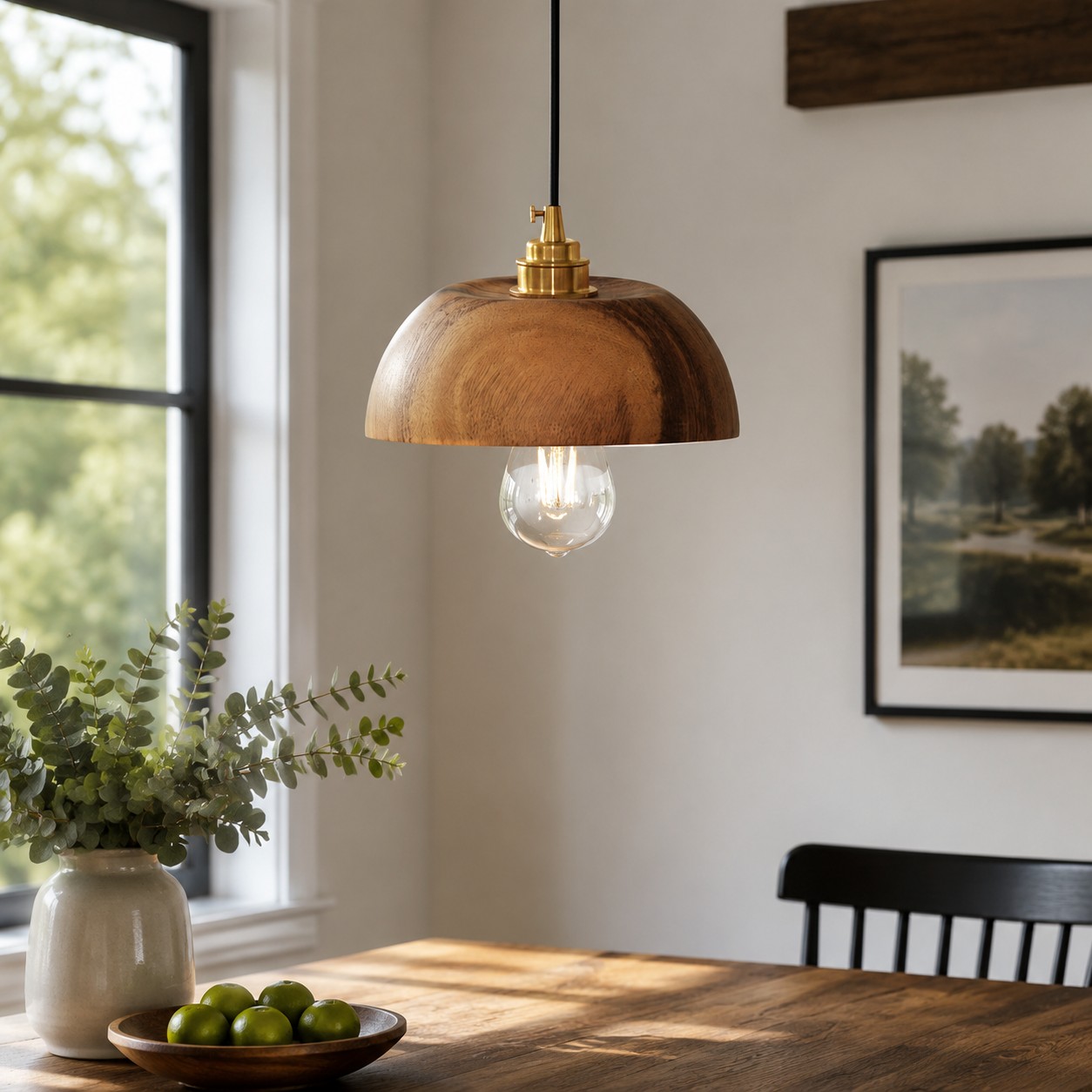 Handcrafted walnut wood dome pendant light view 3