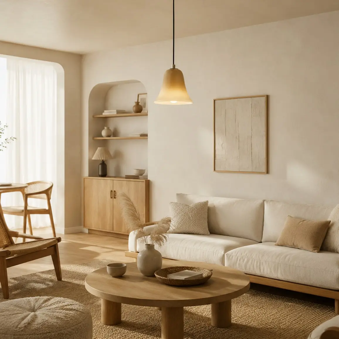 Luminária pendente bege latte em uma sala de estar aconchegante e com decoração natural.