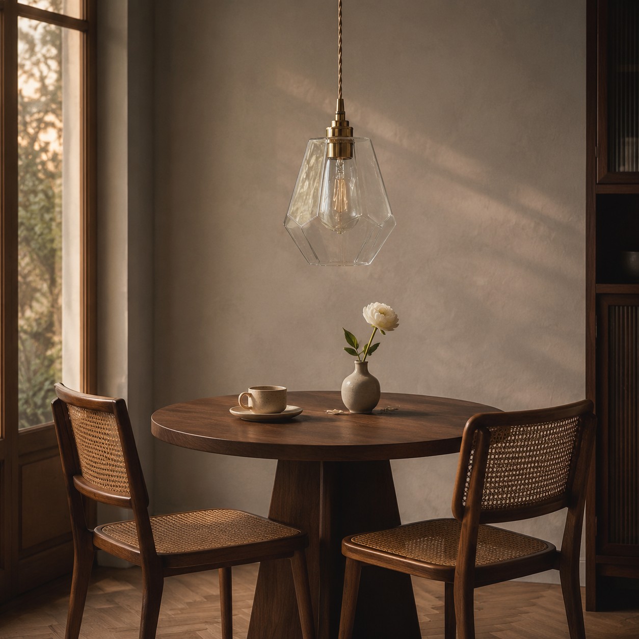 Una lampada a sospensione piccola e accogliente, ideale per tavolini d'ingresso, angoli pranzo e zone tranquille.