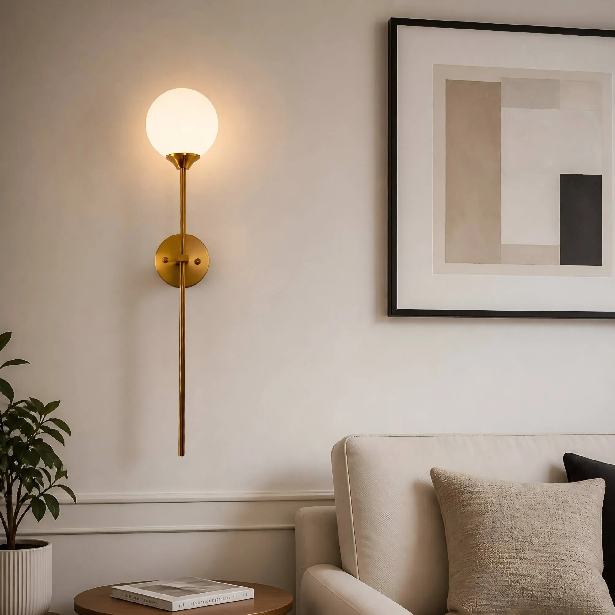 Aplique de parede dourado em uma sala de estar contemporânea