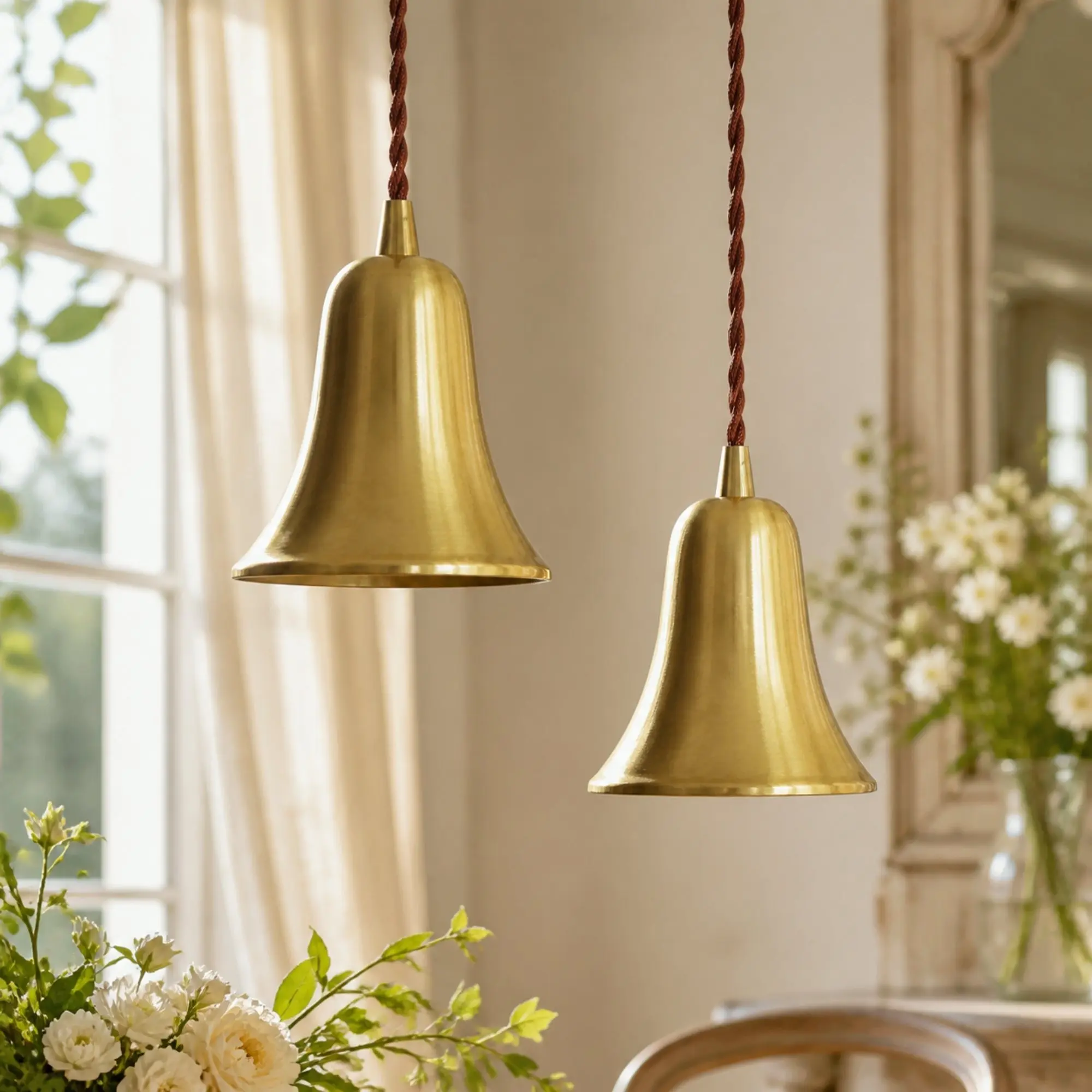 Paire de suspensions en laiton naturel en forme de cloche dans un intérieur élégant