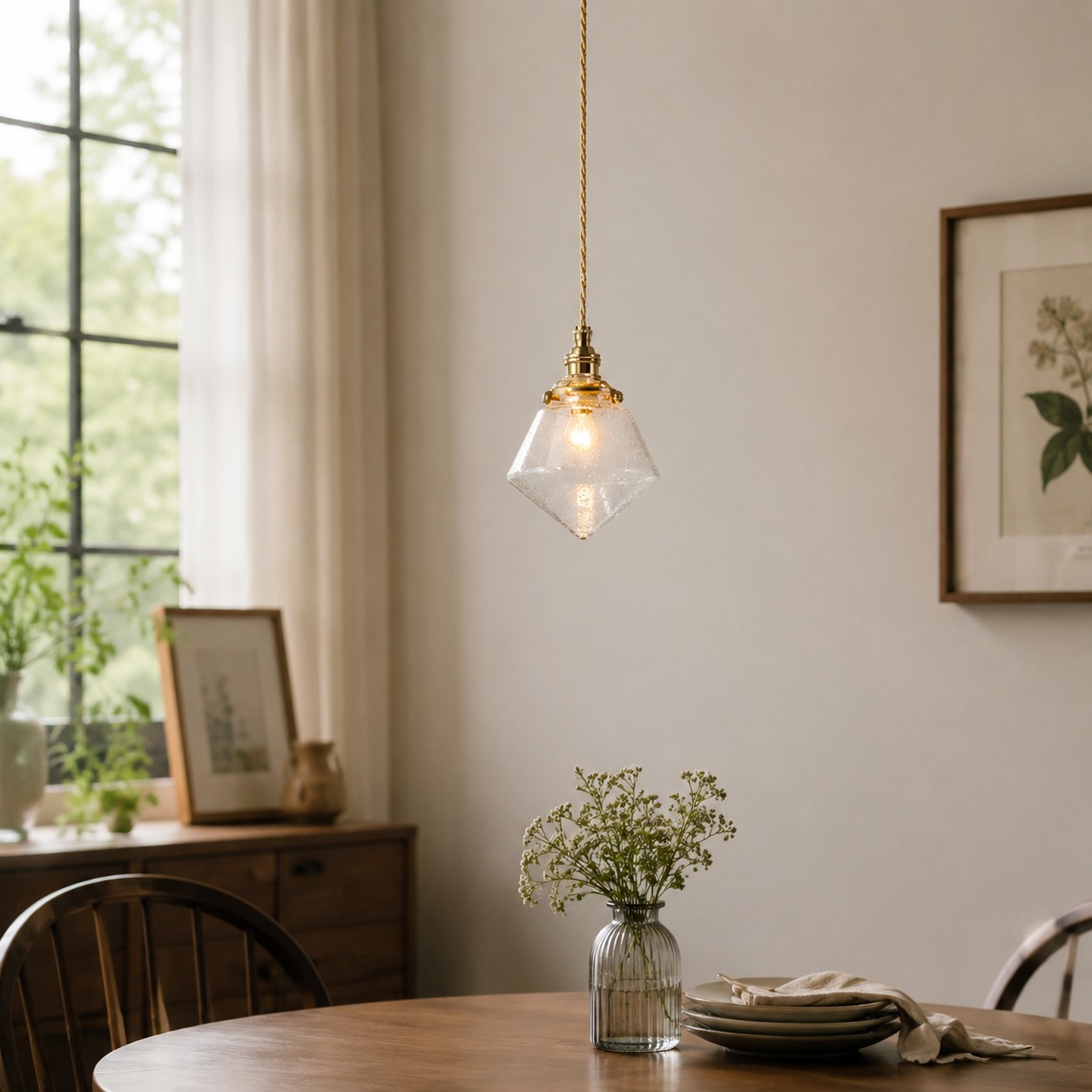 Lampadario a sospensione in vetro a bolle sopra un tavolino da pranzo.