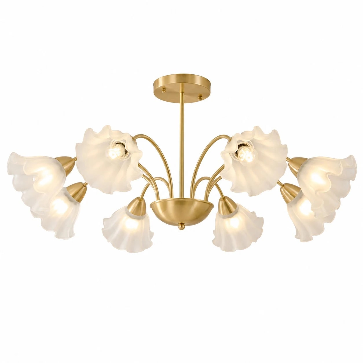 Lustre floral en verre à 8 bras en laiton massif