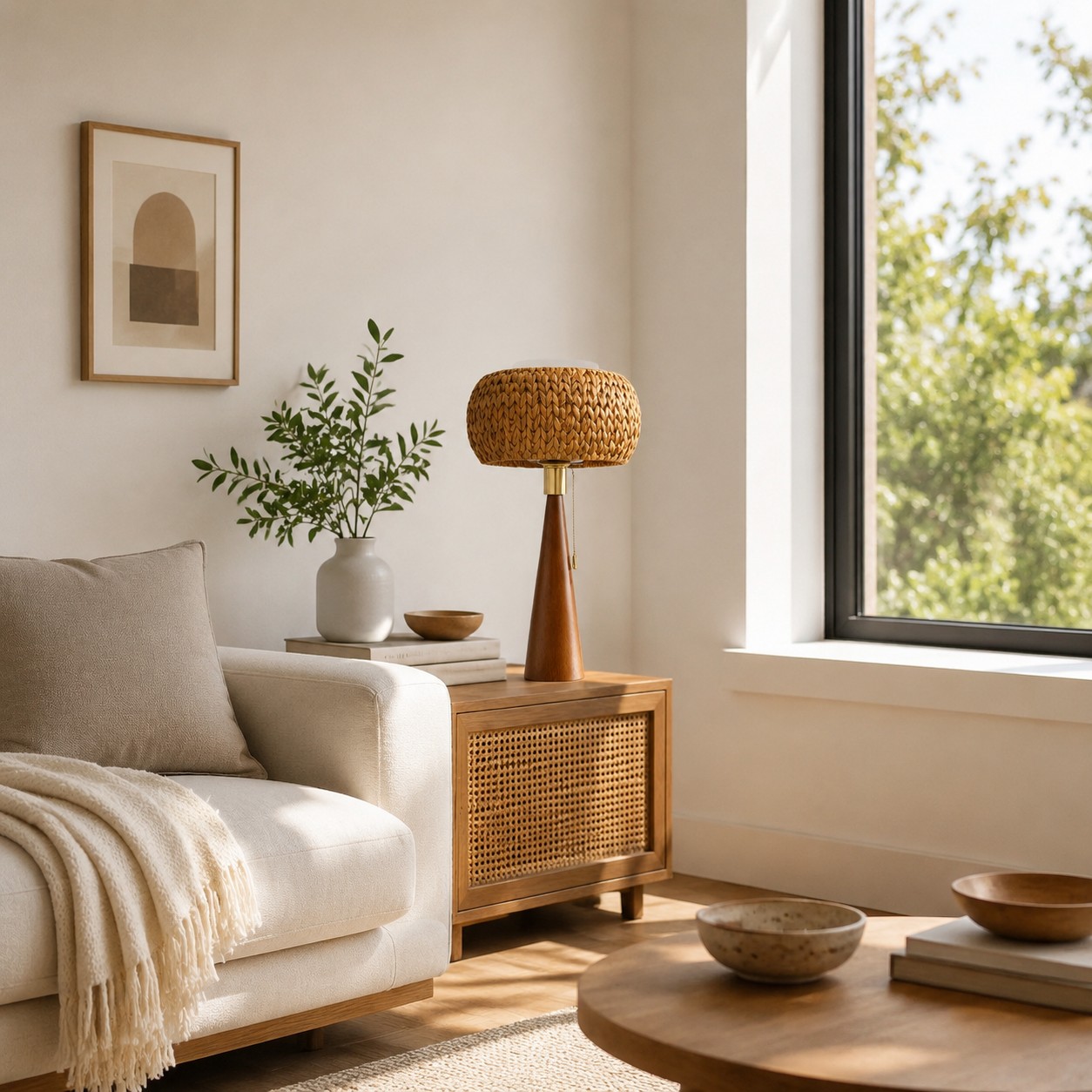 Abajur de mesa trançado ao lado da cama em um quarto com decoração natural.