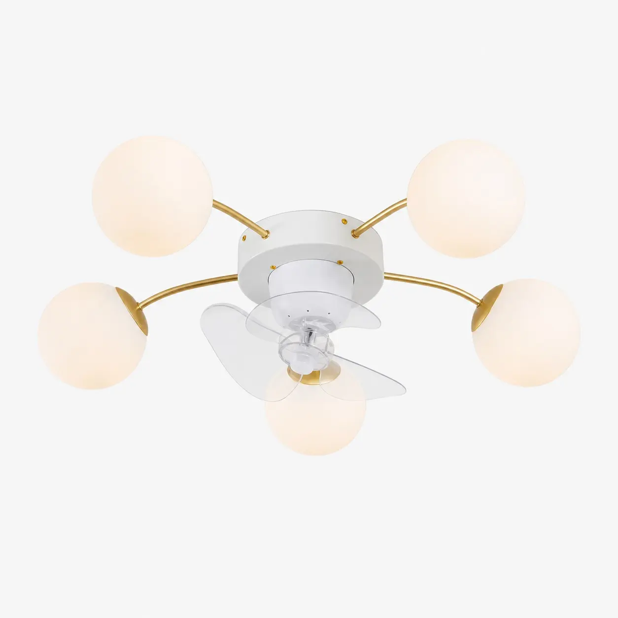 Ventilateur de plafond lumineux en fer blanc et doré et verre à 5 têtes