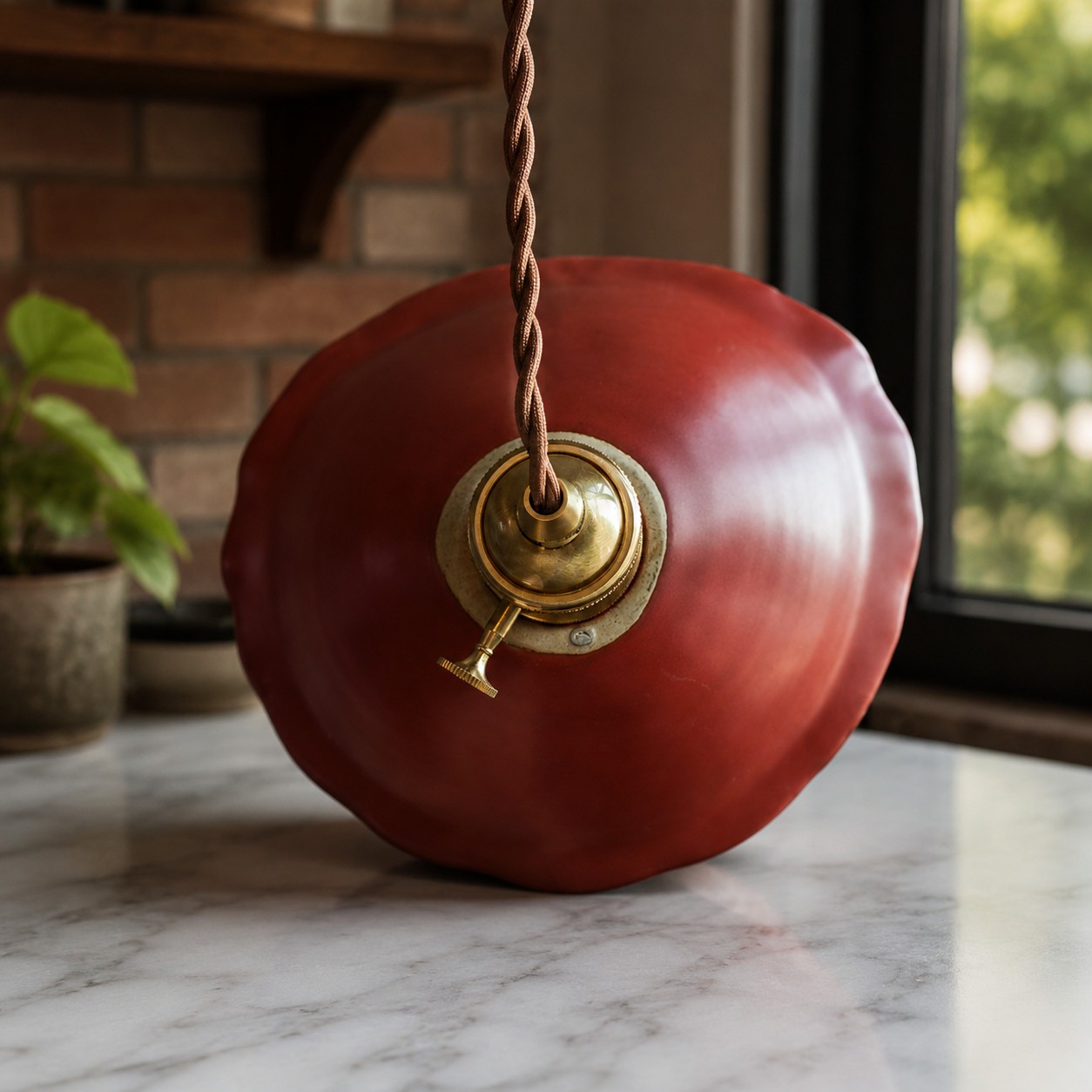 Rear detail view of the ceramic shade and brass-toned fitting