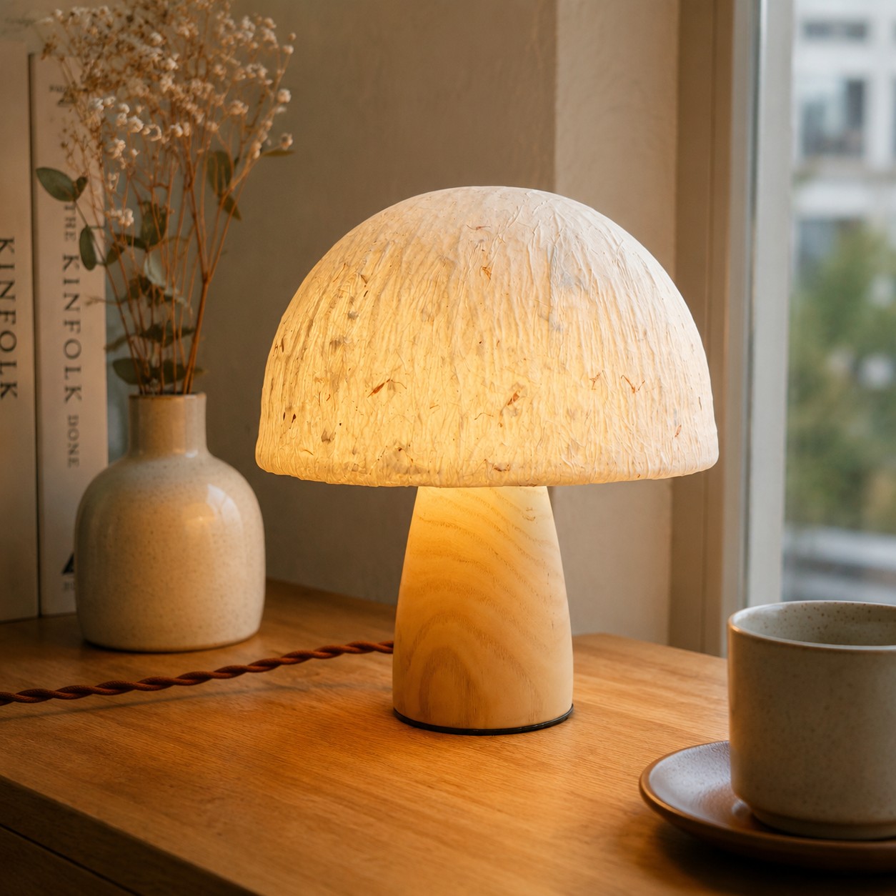 Lampada da tavolo a forma di fungo su una calda superficie di legno vicino a una finestra