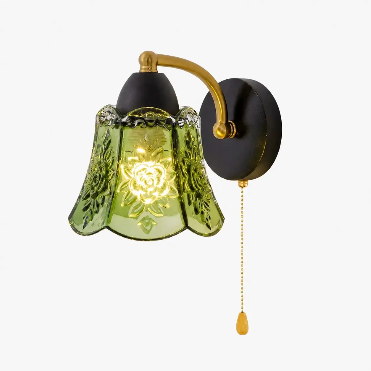 Luminária de parede vintage em vidro verde com interruptor de cordão.