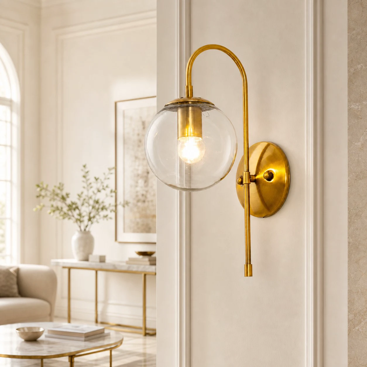 Aplique de parede dourado com vidro transparente em uma sala de estar bem iluminada.