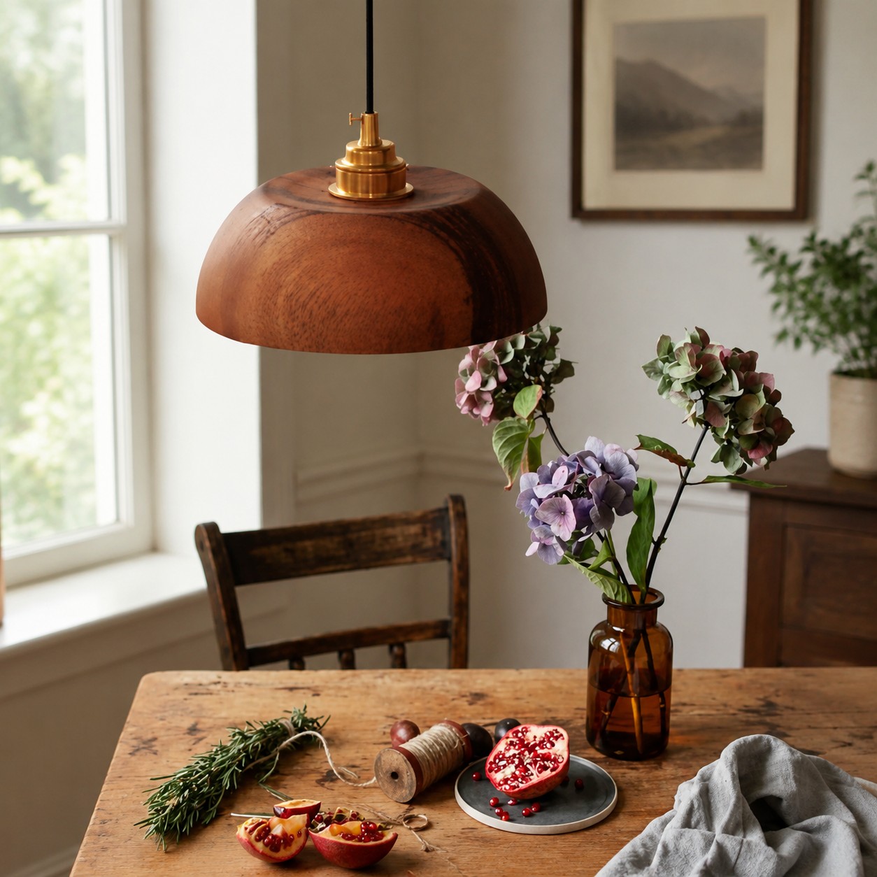 Handcrafted walnut wood dome pendant light view 4