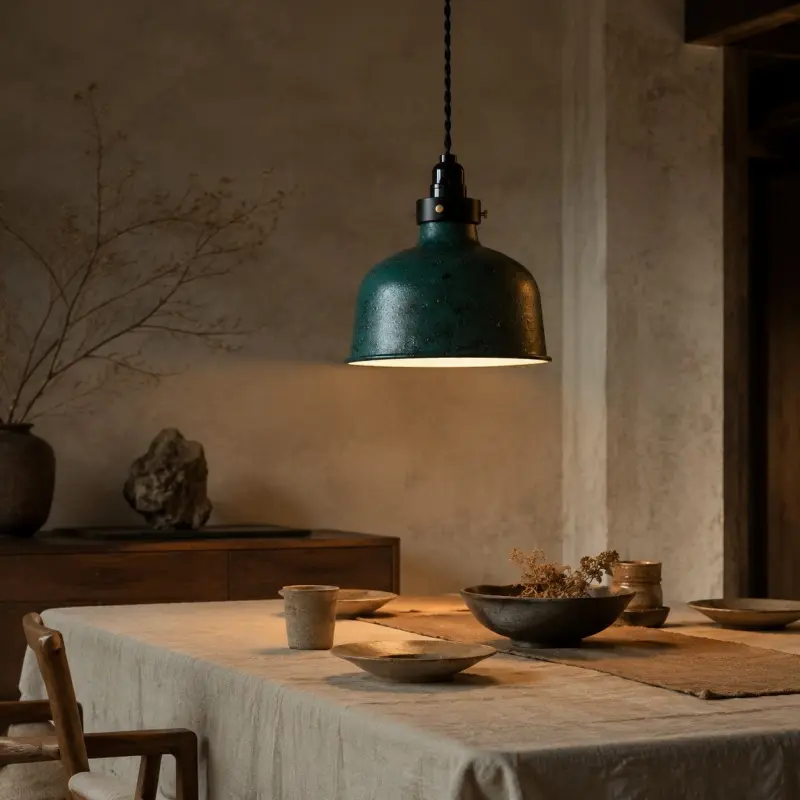 Luminária pendente vintage sobre uma mesa de jantar