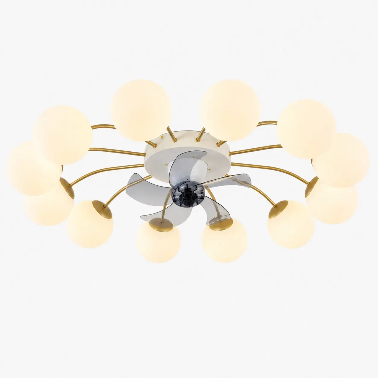 Ventilateur de plafond lumineux en fer blanc et doré et verre à 12 têtes