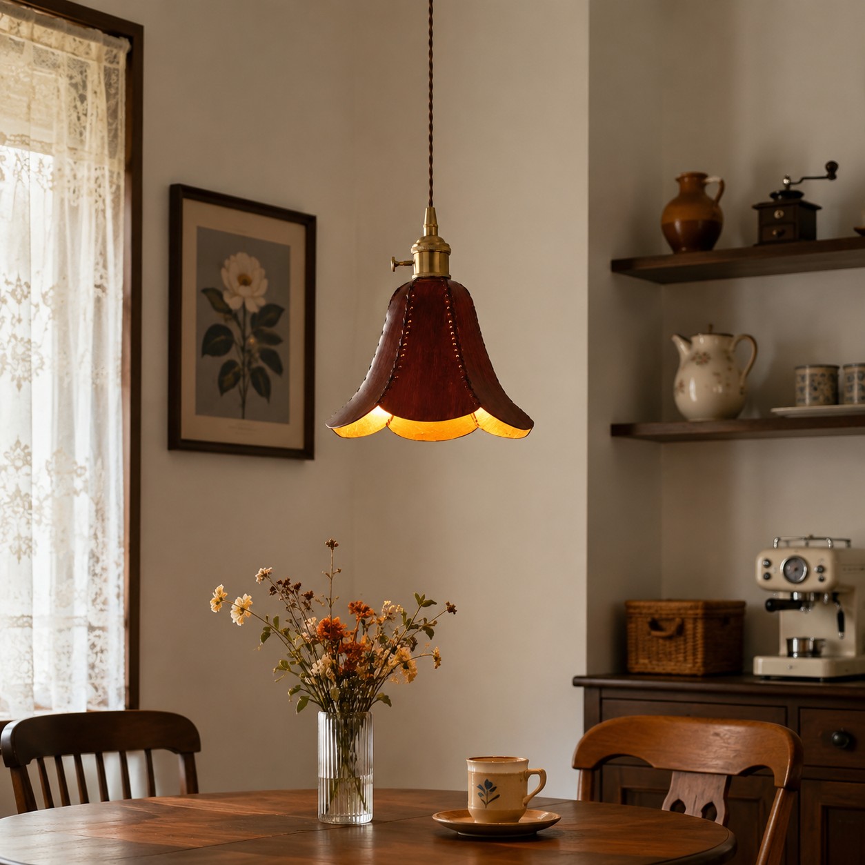 Lampadario singolo marrone in sala da pranzo