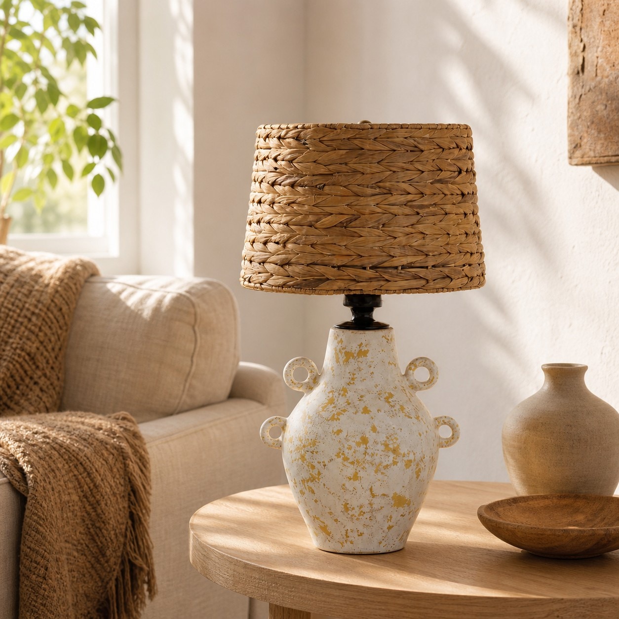 Ceramic table lamp with woven shade styled beside a sofa