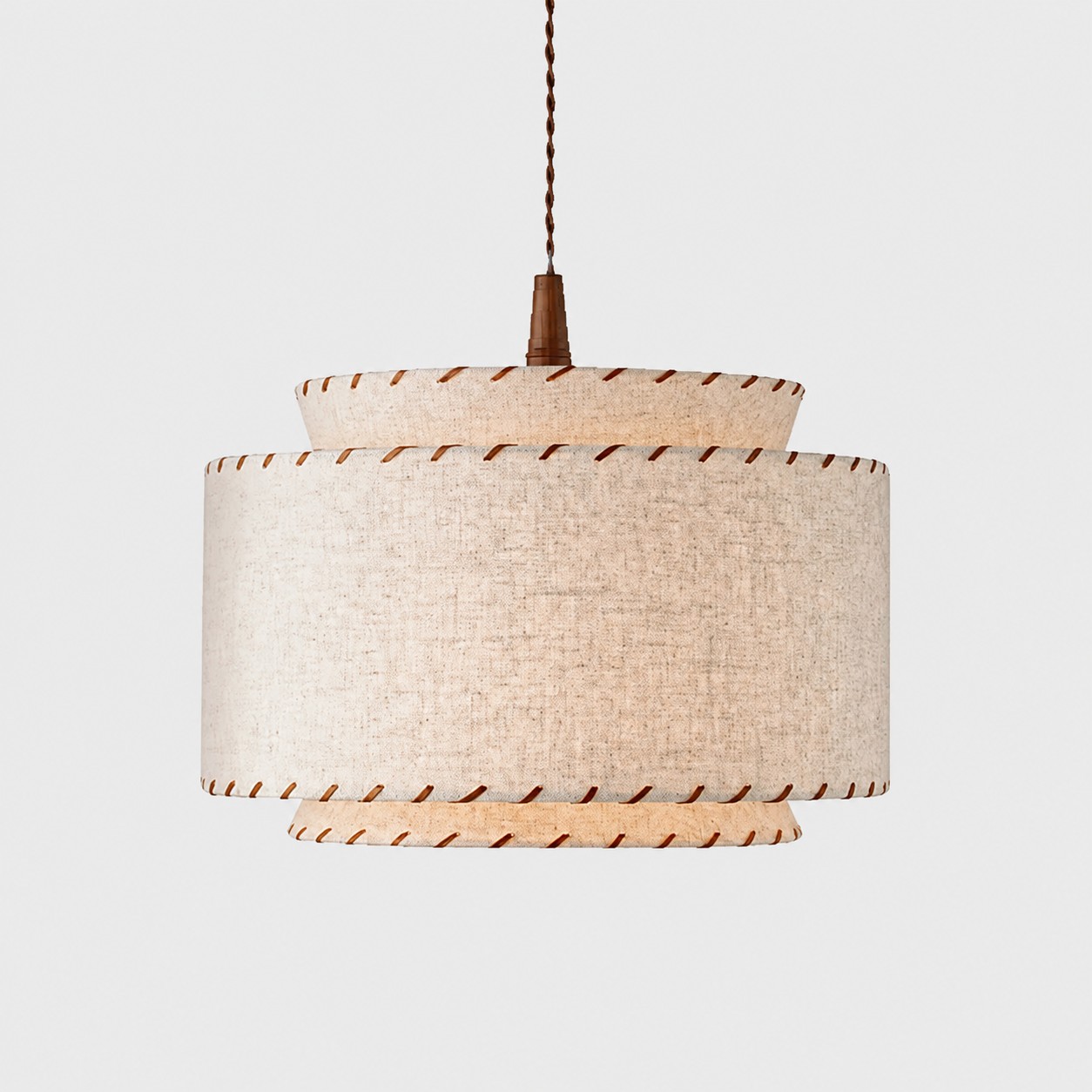 Front view of hand stitched linen pendant light