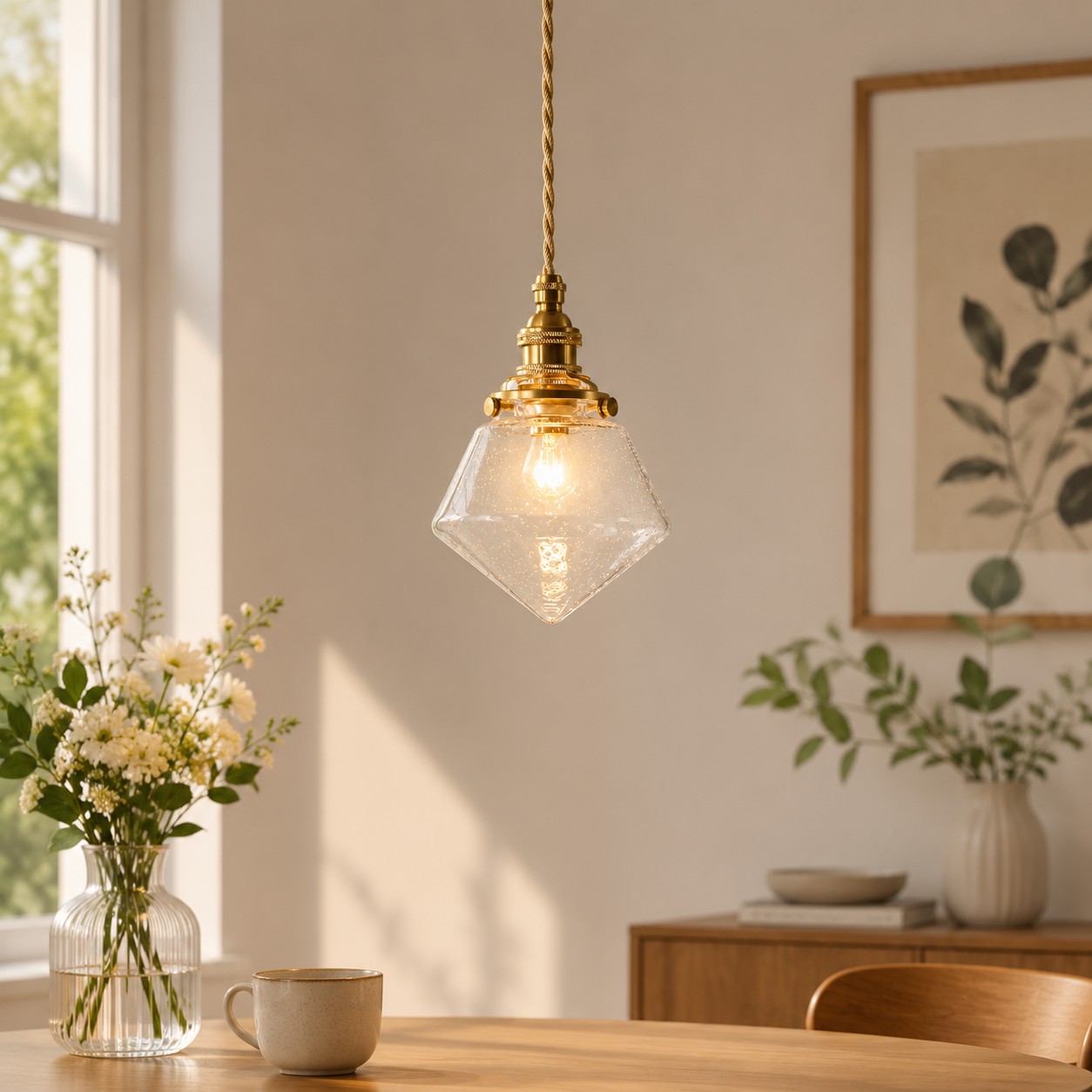 Lampadario a sospensione in vetro a bolle posizionato sopra un tavolino da caffè.