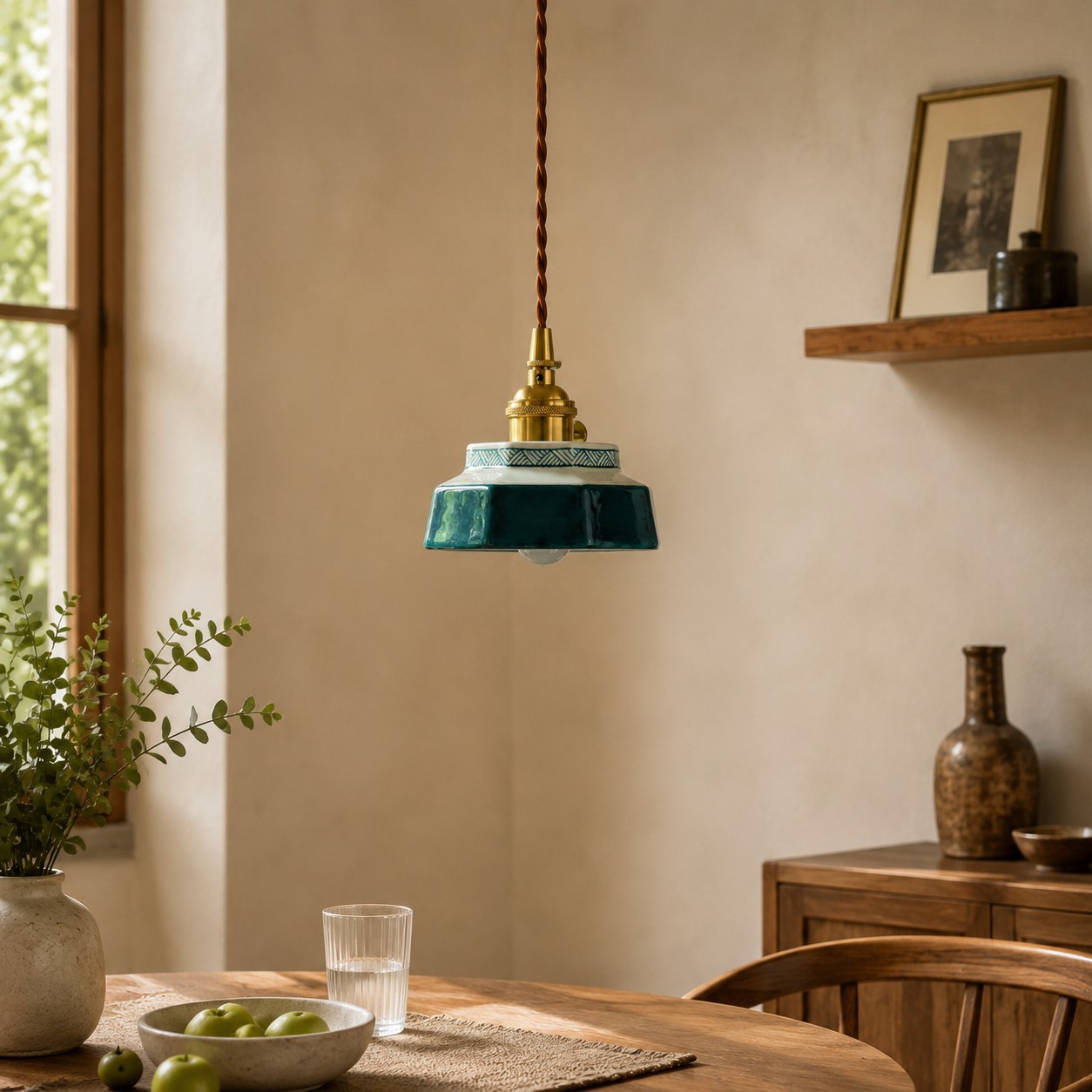 Lámpara colgante de cerámica azul jade sobre una mesa de comedor.