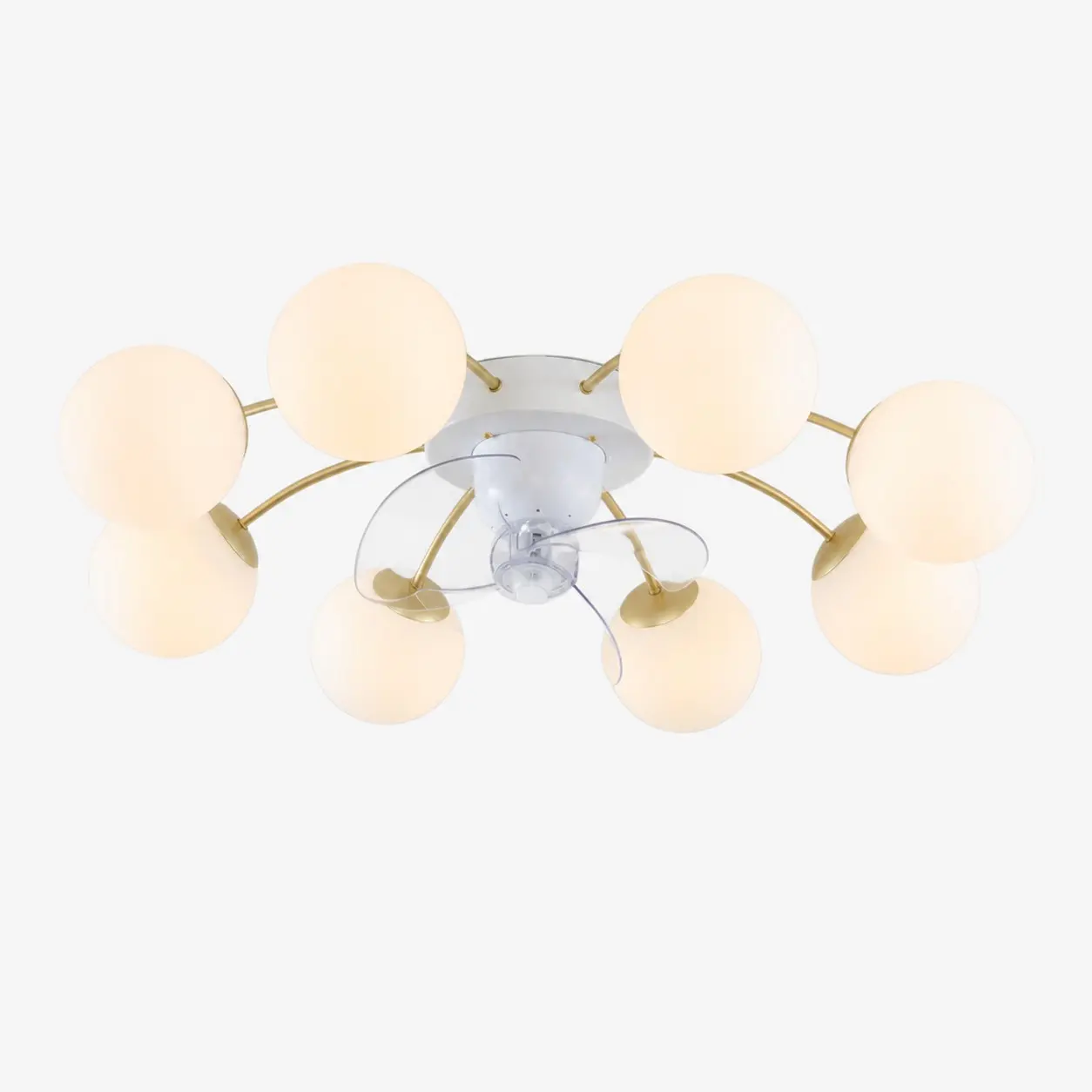Ventilateur de plafond lumineux en fer blanc et doré et verre à 8 têtes