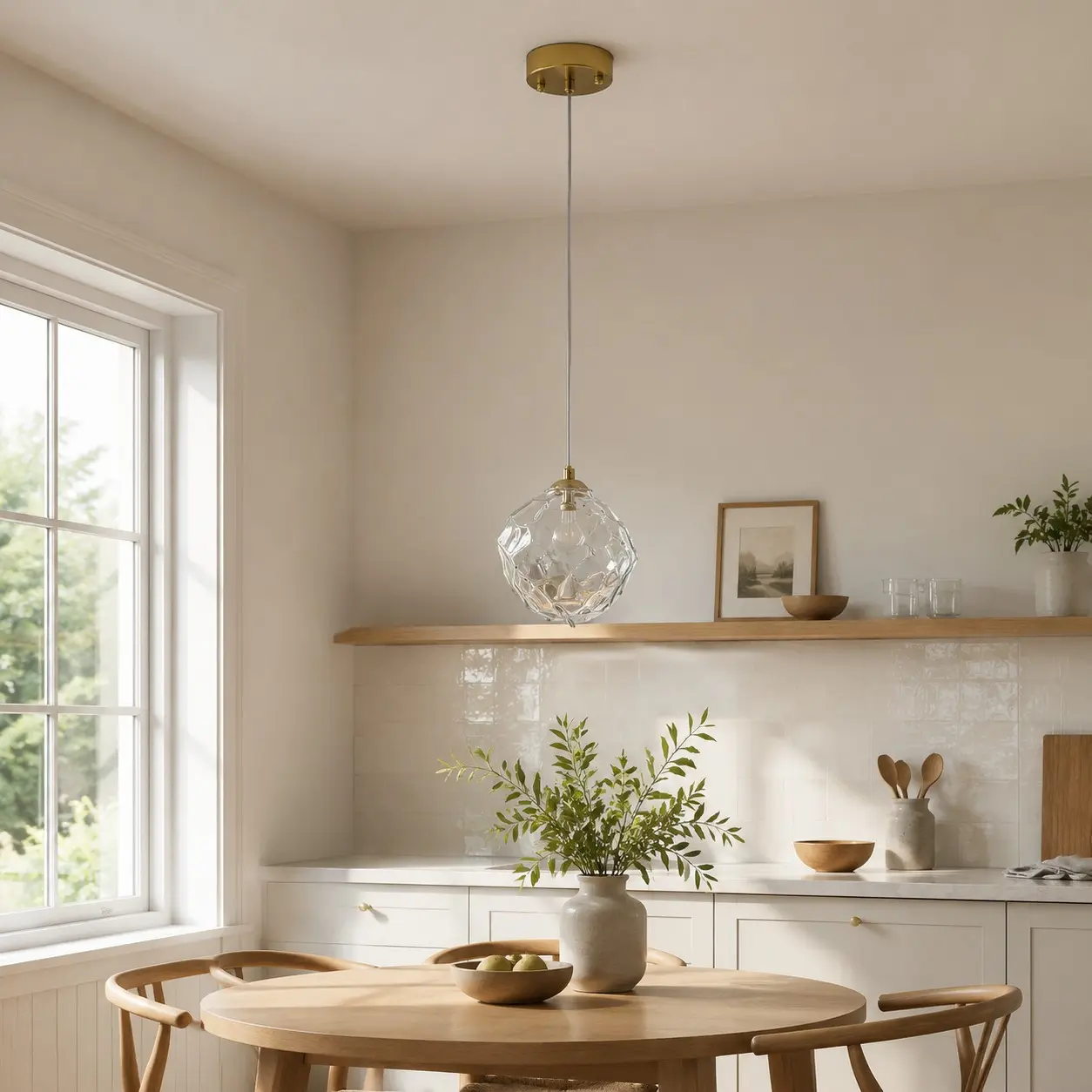 Suspension en verre transparent au-dessus d'une table à manger