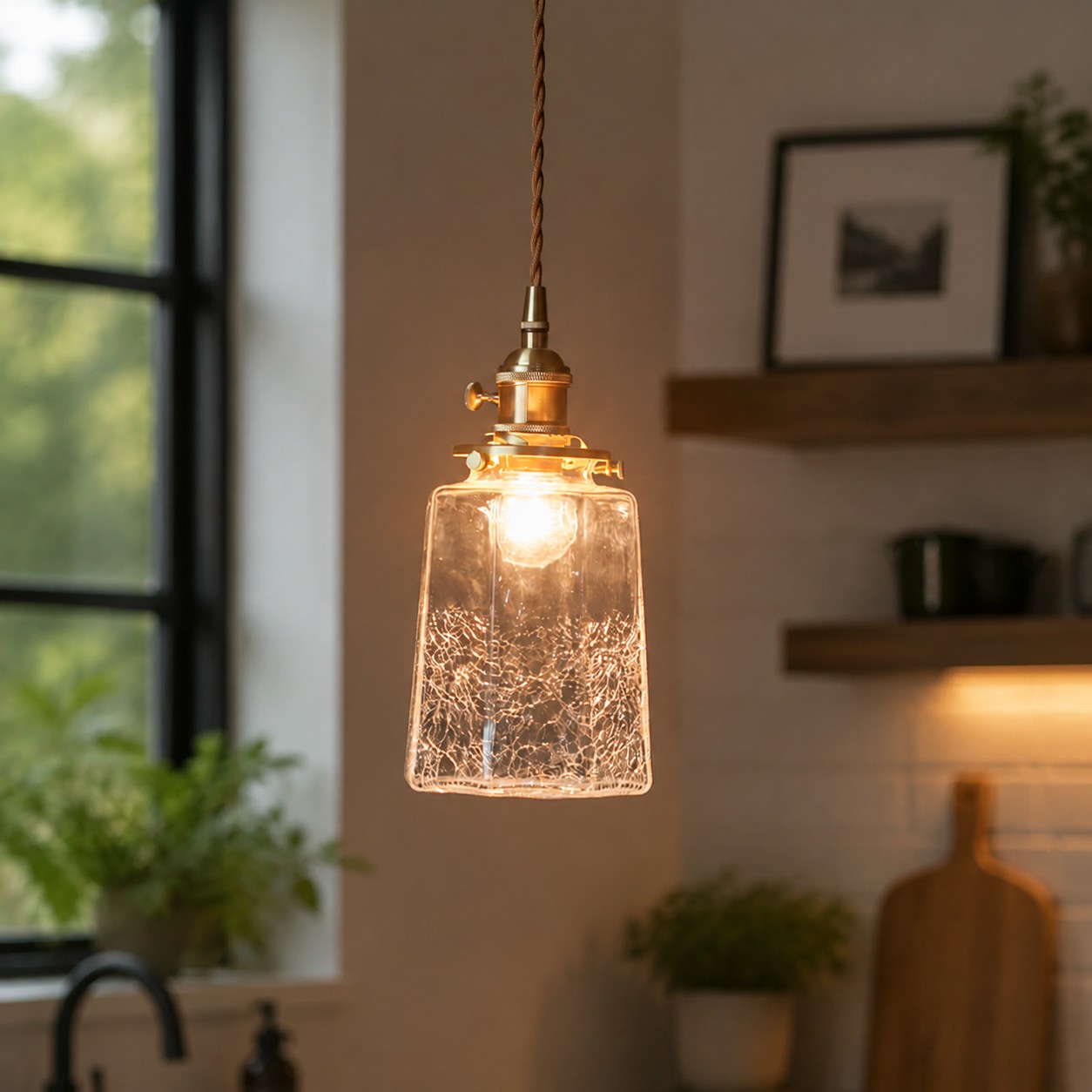 Lampadario a sospensione in vetro trasparente effetto craquelé