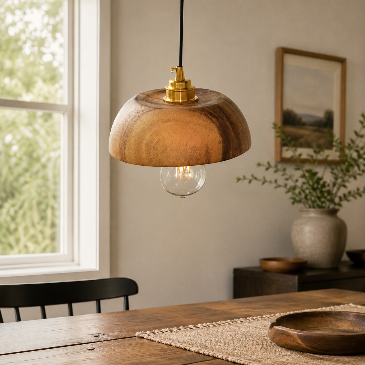 Handcrafted walnut wood dome pendant light view 2