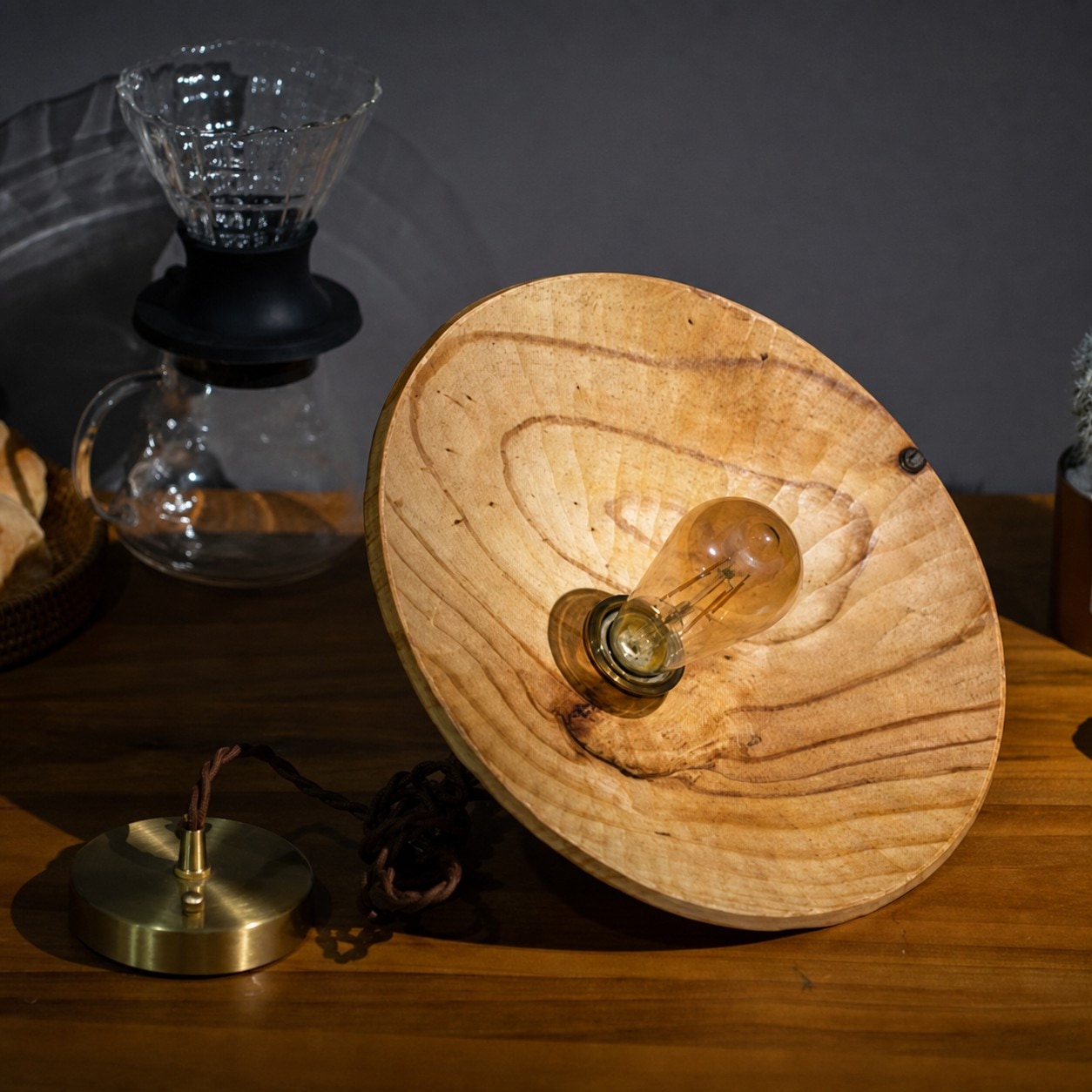 Close view of carved wooden pendant shade texture